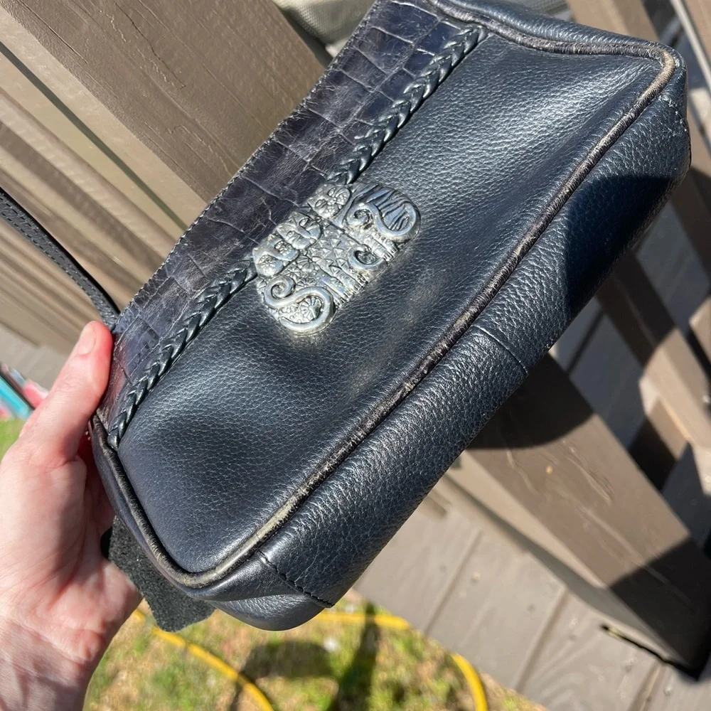 Laurel Burch Black Leather Messenger Bag with Cat Emblem